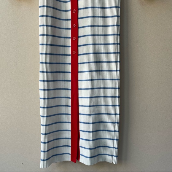 STAUD Shoko Ribbed Knit Midi Dress White Light Blue Stripes Red Trim Size M - Picture 6 of 13